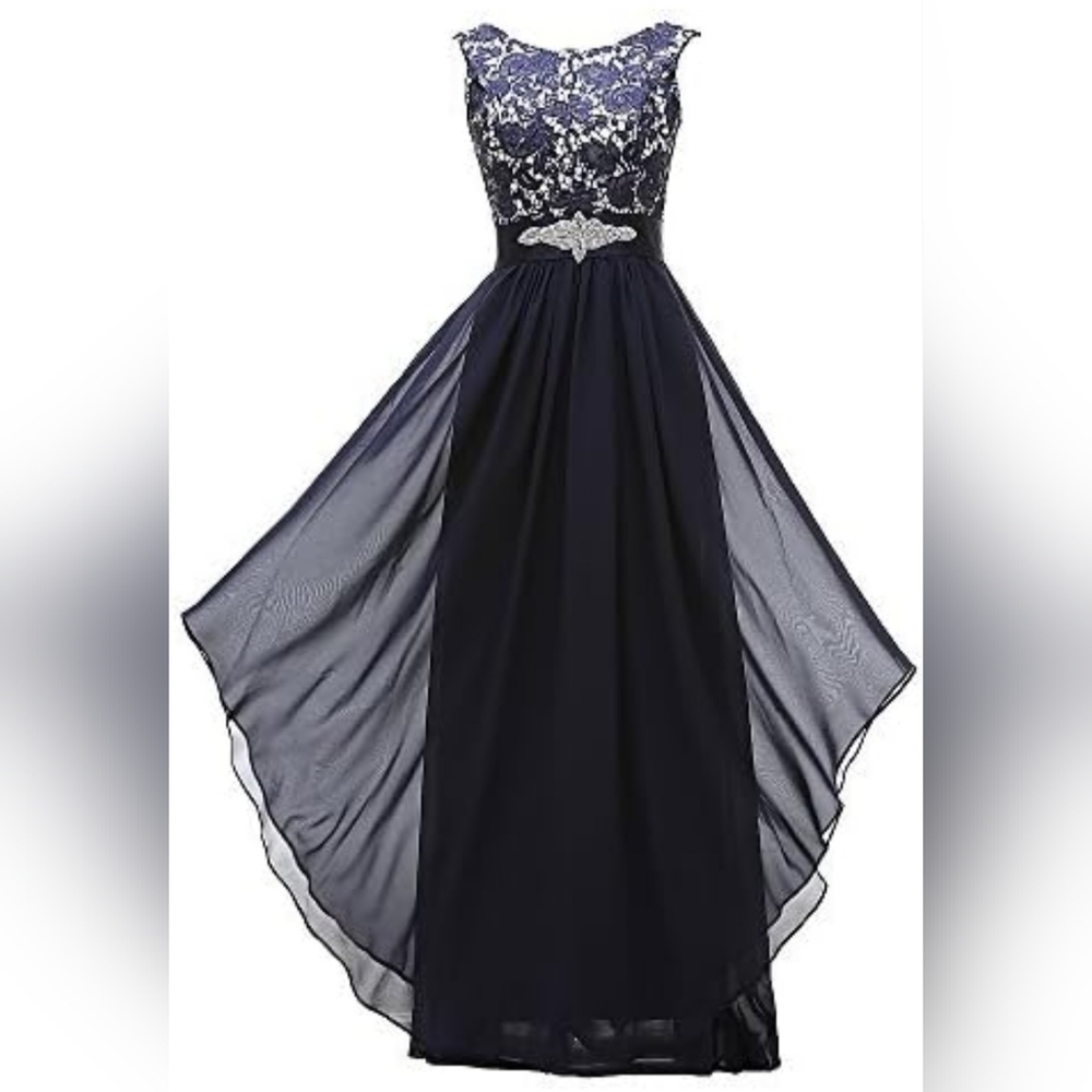 GRACE LEE Women's Long Evening Gown Lace Round Neck Prom Dress (Navy Blue)- L - Picture 2 of 7